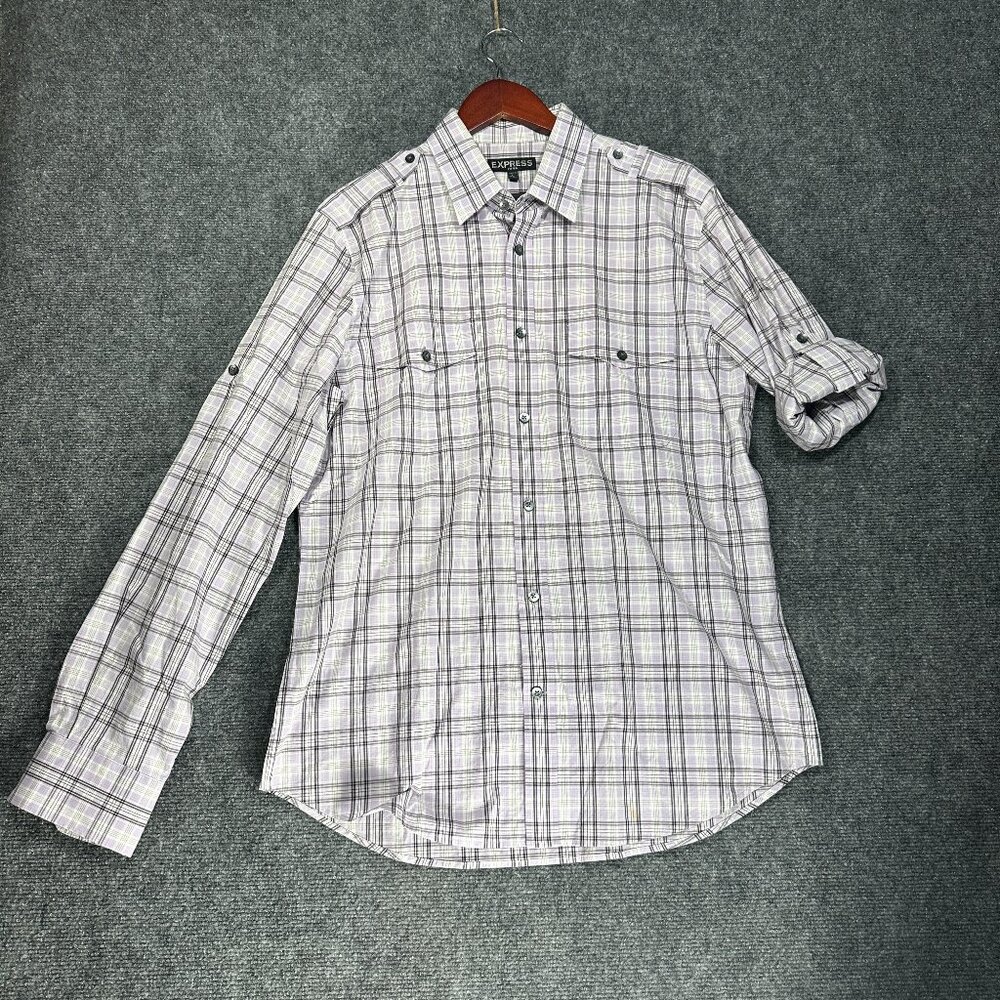 Express Shirt Mens Large Fitted Button Up Purple Stretch Plaid Roll Tab Sleeve